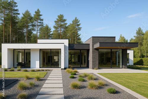 Modern Scandinavian House with Black and White Facade and Pine Trees