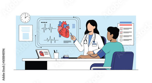 Doctor consulting patient about heart health explaining cardiovascular system anatomy and function during medical examination