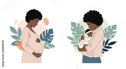 Journey of motherhood a pregnant woman and a mother holding her newborn baby with natural elements background