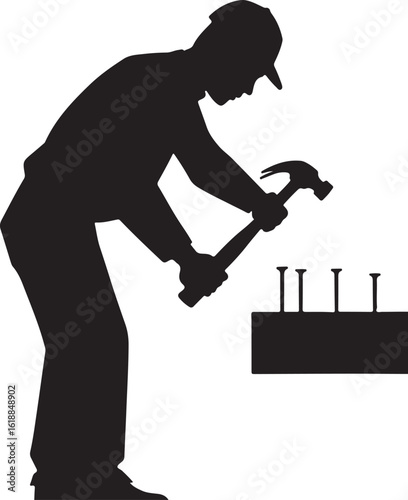 Carpenter hammering nail silhouette