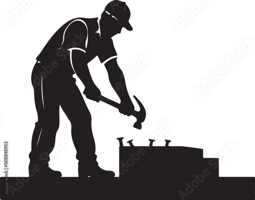 Carpenter hammering nail silhouette