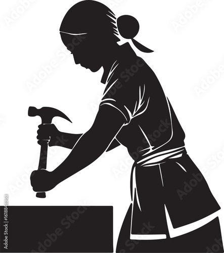 Carpenter girl hammering nail silhouette