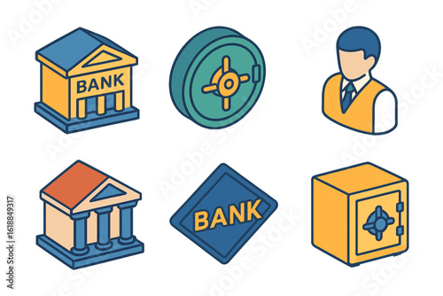 Isometric bank icons set featuring safe, vault, and banker