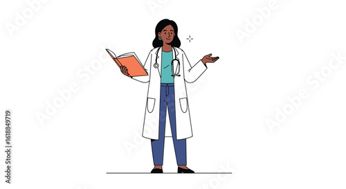Diverse medical professional woman in lab coat holding clipboard gesturing with hands during consultation explaining medical information to patient in clinic setting
