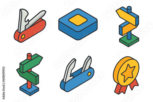 Colorful isometric designs of multitools, awards, and directional signs
