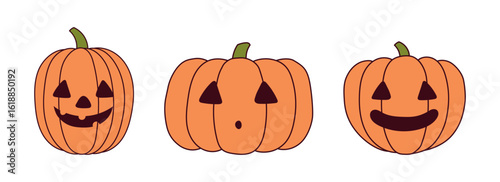 Halloween pumpkin, jack o lantern with carved face, isolated on transparent. Hand drawn line vector illustration. Funny cartoon character. Holiday design elements collection, clip art set, banner