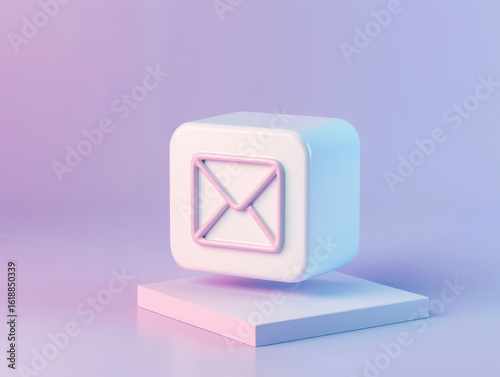 A white rounded cube with a pink envelope symbol on a platform against a pastel background scene