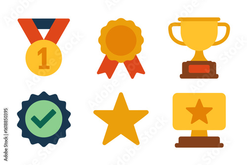 Colorful award icons set: medals, trophies, badges for achievement themes