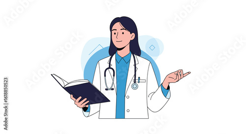A female doctor carefully explains medical information holding an open book and discussing patient health