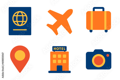 Travel icons set with airplane, passport, camera, suitcase, map pin, and hotel sign in flat style