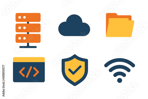 Modern icon set featuring cloud, data, and security elements