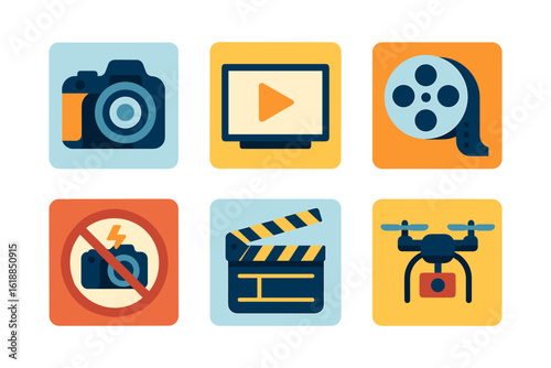 Colorful media icons set featuring camera, film, and drone elements