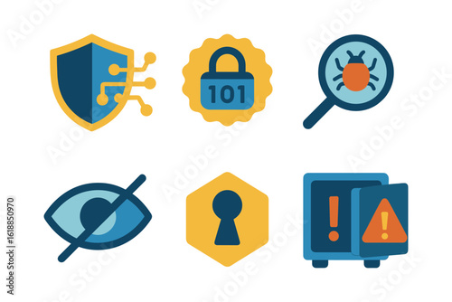 Cybersecurity elements in flat design: shield, lock, bug, eye, keyhole, safe
