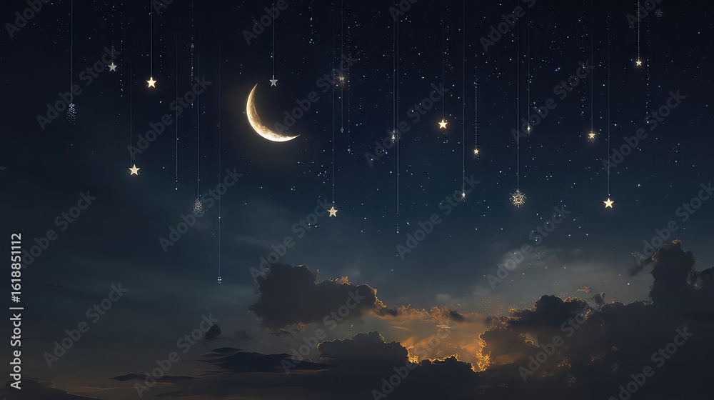 Naklejka premium Crescent Moon and Hanging Stars in Night Sky