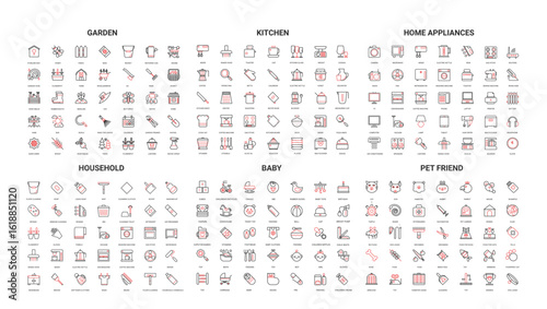 Comprehensive set of modern line icons for garden, kitchen, home appliances, household, baby, and pet friend themes perfect for web, app, and print design isolated vector illustration