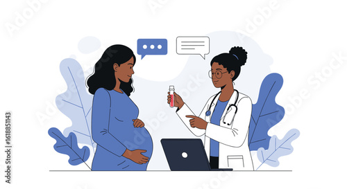 Black pregnant woman consulting with a doctor about her health and receiving medical advice and care during her pregnancy journey