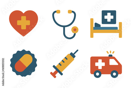 Colorful healthcare icons: heart, stethoscope, bed, pill, syringe, ambulance