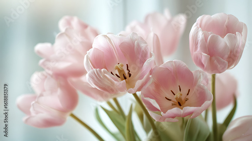 Delicate pink tulips with soft lighting and gentle petals floral arrangement soft focus