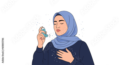A young woman wearing a blue hijab holds an inhaler to her mouth and breathes deeply experiencing relief from her breathing difficulties