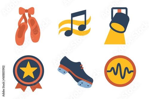 Dance and music icons set: ballet, tap shoes, notes, spotlight, star medal