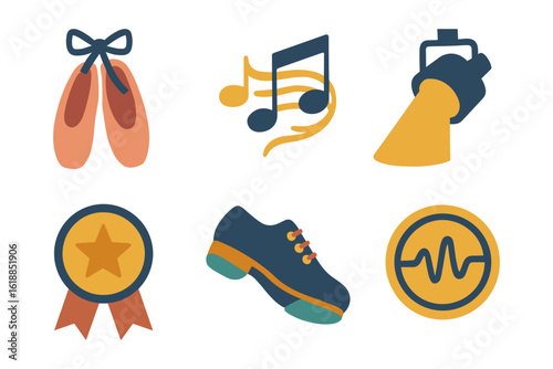 Dance and music icons set: ballet, tap, notes, award, spotlight, soundwave
