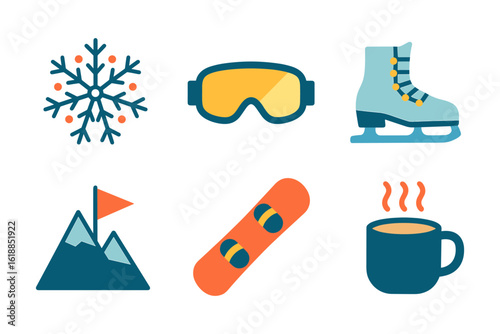 Winter sports icons in flat design: snowboarding, ice skating, and cozy hot drinks