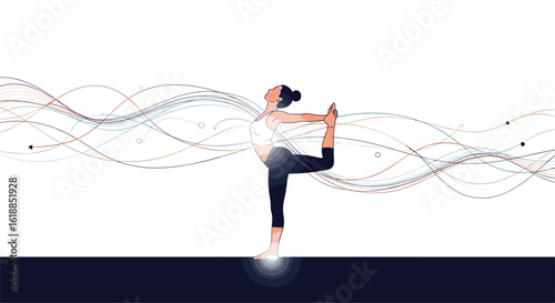 Graceful dancer embodies harmony with abstract wavy patterns in a serene minimalist composition
