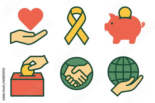 Flat icons set: charity, donation, global support, fundraising, awareness
