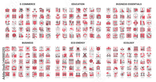 Business internet commerce technology, sustainable resource and eco energy ecology thin red black line icon vector illustration set. Linear economics, ecosystem global innovation, education collection