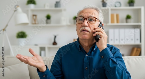 Senior man in disbelief talking on phone at home with confused expression