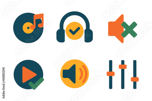 Audio control icons set featuring music note, headphones, and volume adjustments in flat design