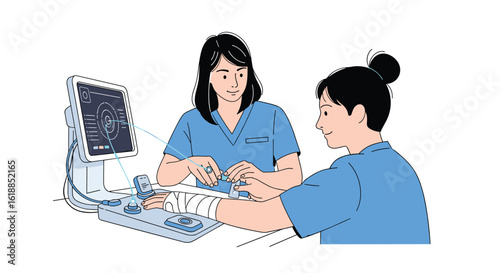 Medical professional uses ultrasound machine to examine patient receiving healthcare services
