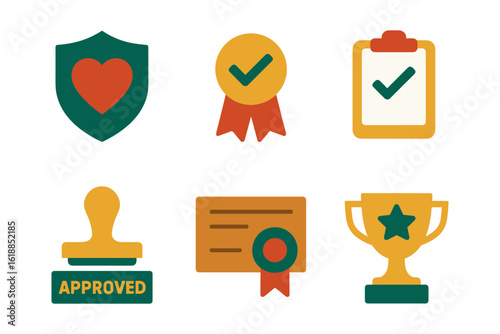 Achievement icons set: approval, awards, certification, and recognition symbols