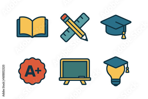 Education icons set: book, pencil, blackboard, graduation cap, light bulb, a+