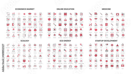 Comprehensive collection of modern line icons covering economics, education, medicine, ecology, eco energy, and startup development for web, apps, infographics isolated vector illustration