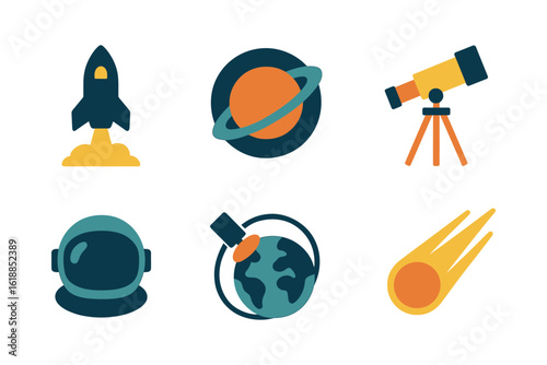 Space exploration icons: rocket, planet, telescope, astronaut helmet, earth, meteor