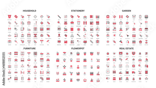 Minimalist line icons set covers household, stationery, garden, furniture, flowerpot, and real estate themes perfect for web, app, or print design isolated on white background vector illustration