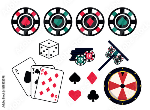Set of casino poker elements in cartoon style. Vector illustration of gambling: chips, dice, playing cards, wheel of fortune isolated on white background. Card games. Tournament competitions.