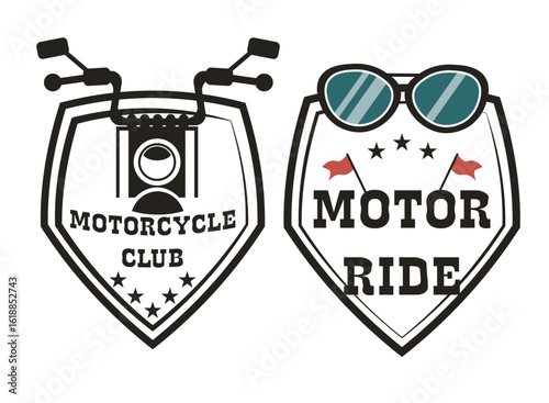 Set of motorcycle club logos, motor ride in cartoon style. Vector illustration of graphic motorcycle handlebars with handles, headlights, glasses, stars, red flags, isolated on white background.