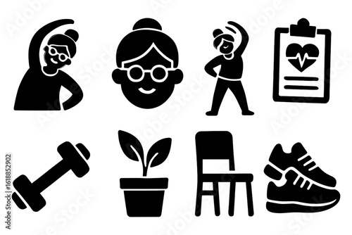 Silhouette elderly fitness icons: yoga, glasses, exercise, and health elements