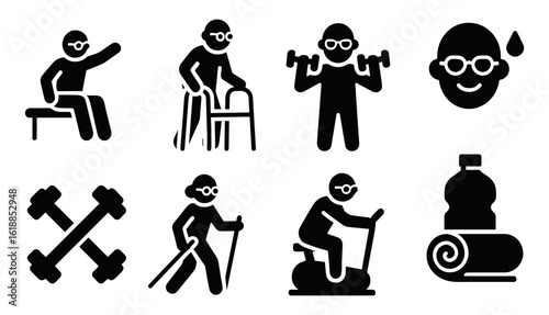 Fitness activities for seniors icons set: gym, walking, cycling, and yoga