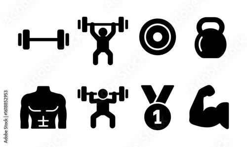 Fitness icons set: weightlifting, bodybuilding, and gym symbols in solid style
