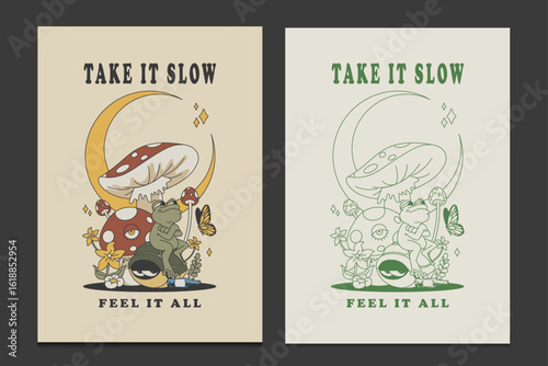 retro 70s poster with a frog on a turtle and mushroom, vector illustration