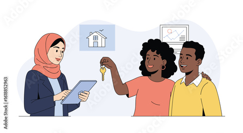 Young black couple receives keys to their new home from a real estate agent in a welcoming gesture