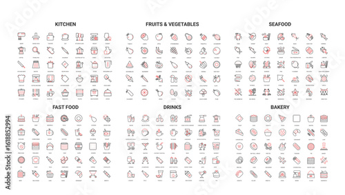 Minimalist line icons for kitchen, fruits, vegetables, seafood, fast food, drinks, bakery perfect for menu design, apps, infographics, and culinary branding isolated vector illustration