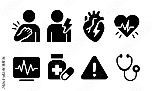 Heart health icons set: medical symptoms and monitoring tools in simple design