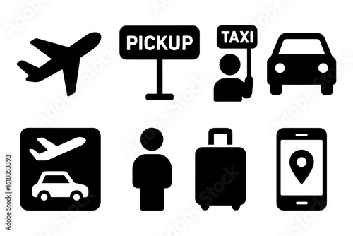 Travel and transportation icons: silhouette style for airports and commuters