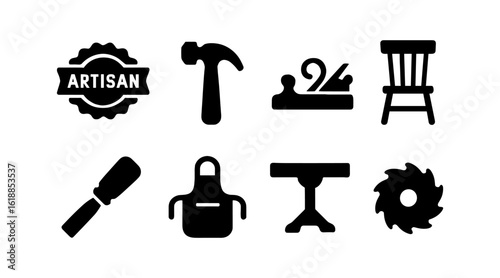 Craftsman tools icons collection: hammer, saw, apron, and more
