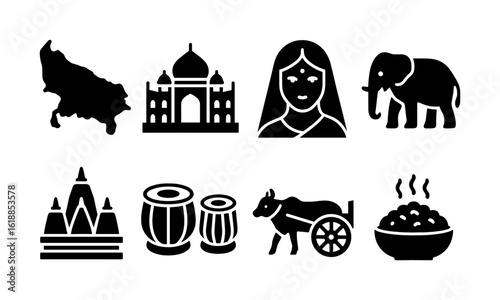 Icon set of india: culture, landmarks, and traditions in silhouette