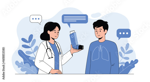Doctor demonstrates inhaler usage to patient during medical consultation about respiratory health